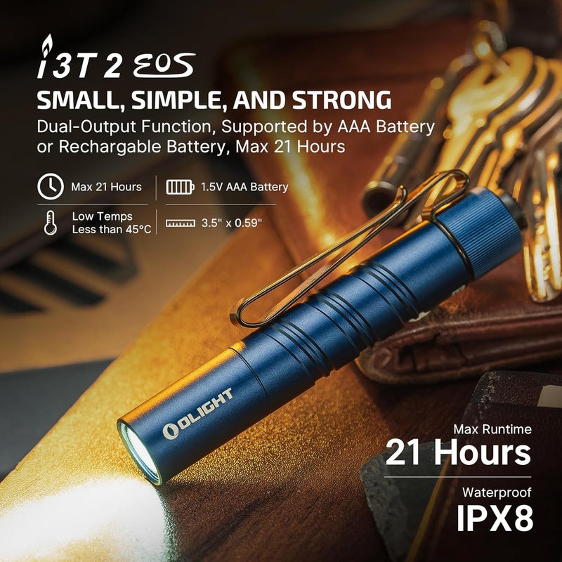 OLIGHT I3T 2 EOS Pocket EDC Flashlight, 200 Lumens Compact Bright Handheld Tactical Flash Lights, Dual-Output Tail Switch with AAA Battery and Two-Way Pocket Clip for Camping,Hiking (Midnight Blue) - Image 2